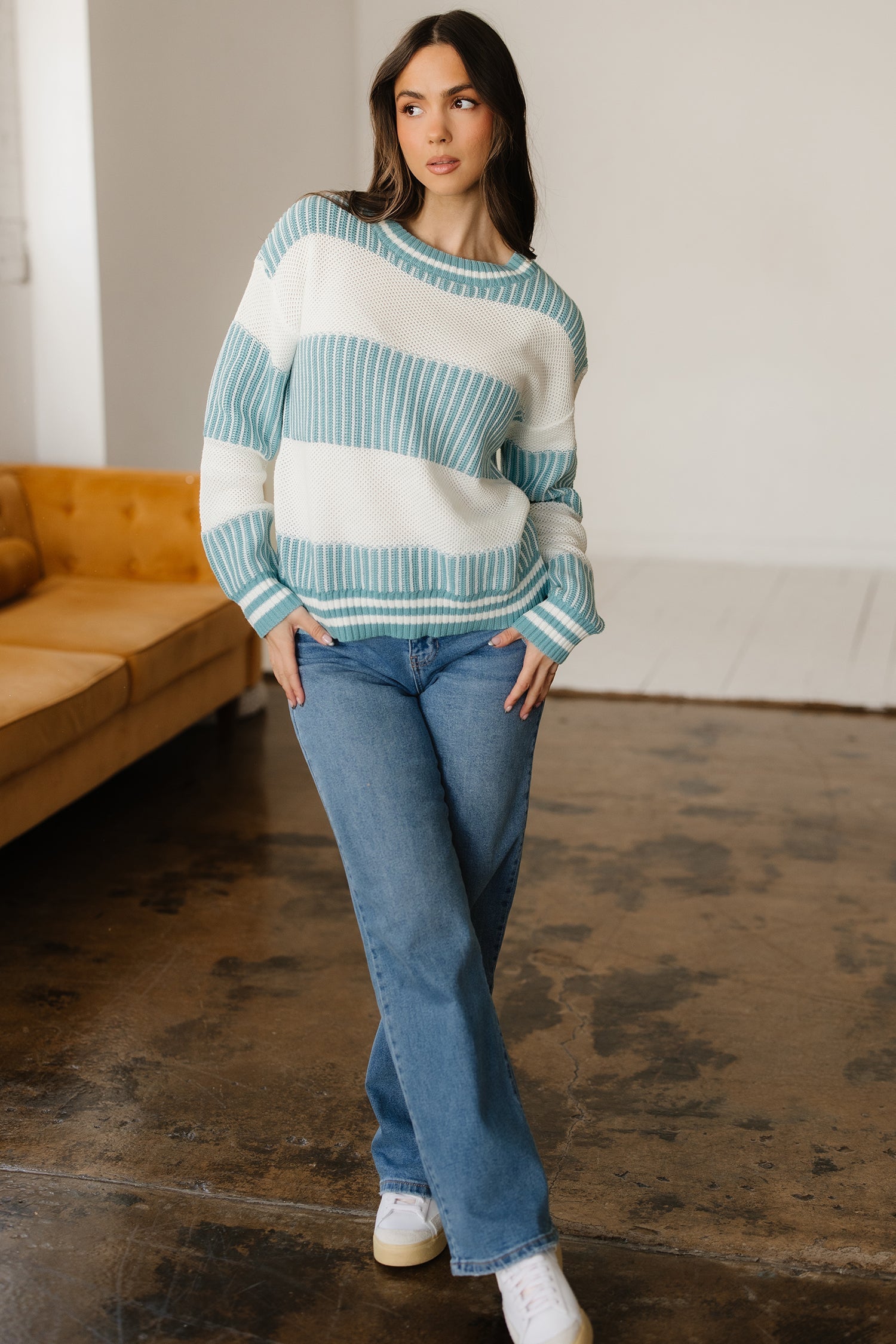 Two Tone Striped Patchwork Drop Shoulder Oversized Sweater - Sweaters & Cardigans/Sweaters