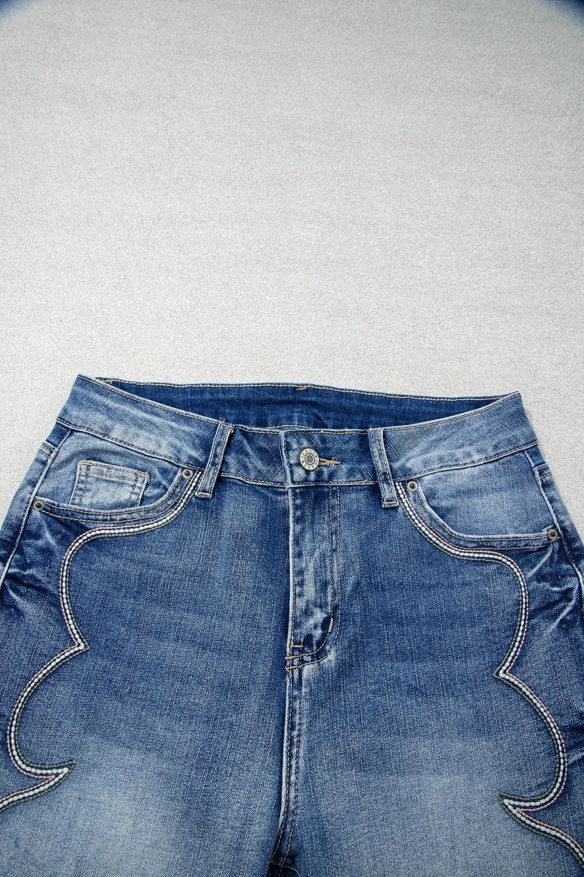 Western Embroidered Flare Full Length Jeans – Blue