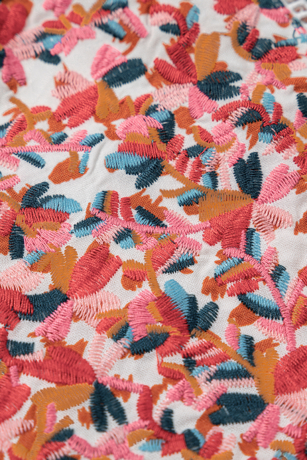 Red Printed Embroidery Detail Tie Split Neck Blouse eAura