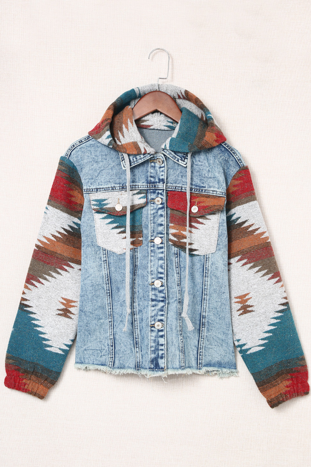 Multicolour Aztec Print Frayed Hem Denim Jacket eAura