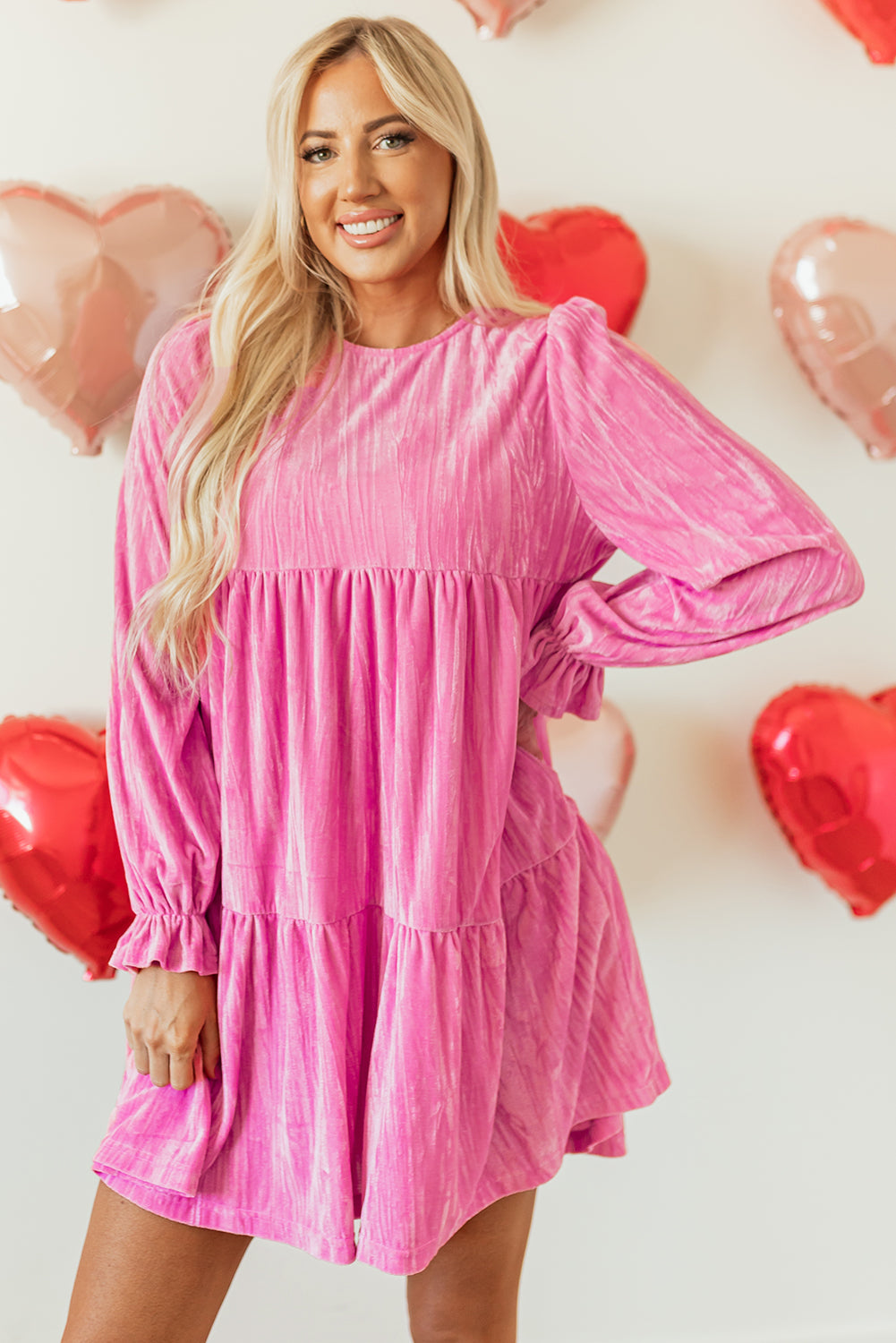 Strawberry Pink Flounce Sleeve Tiered Ruffled Velvet Mini Dress eAura