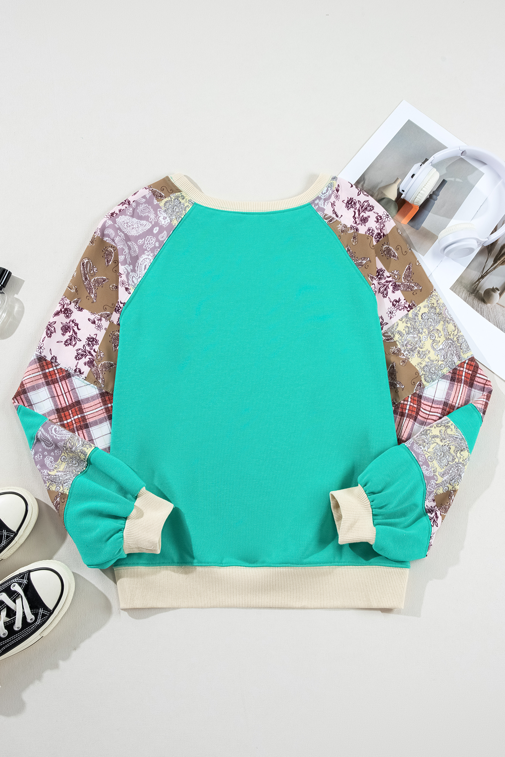 Aruba Blue Plaid Vintage Paisley Patchwork Long Sleeve Raglan Top Beagle Boutique Fashion Outlet