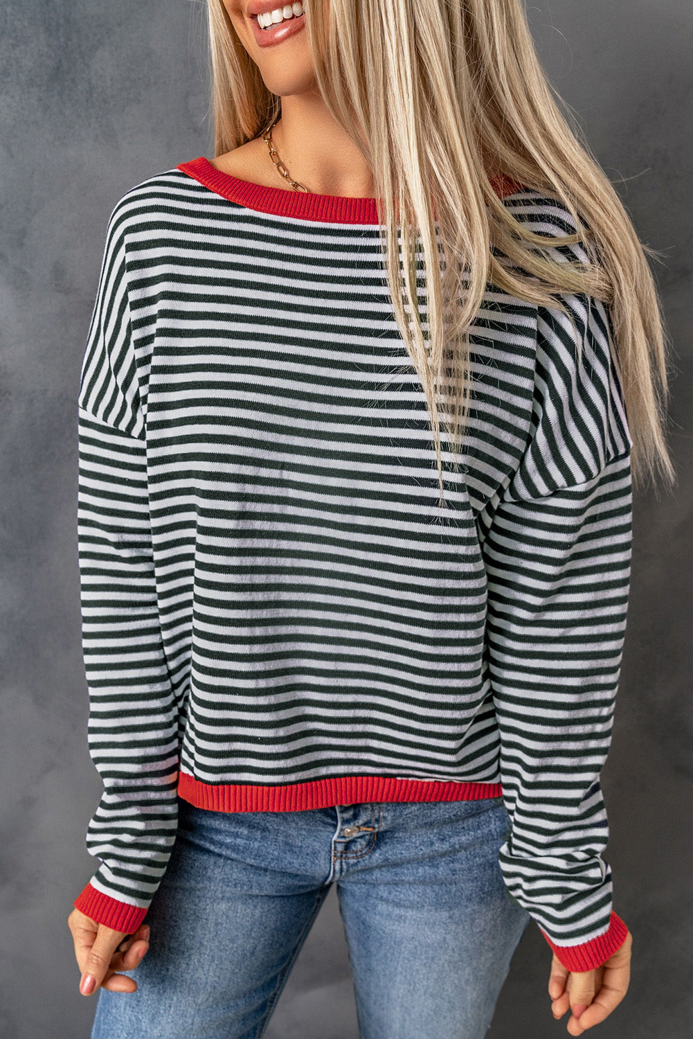 Contrast Trimmed Striped Drop Shoulder Sweater eAura