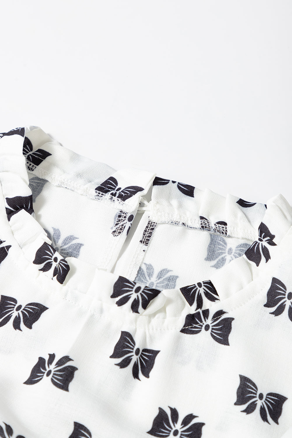 White Bow Knot Print Piping Trim Ruffled Crew Neck Blouse BB Fashion Outlet