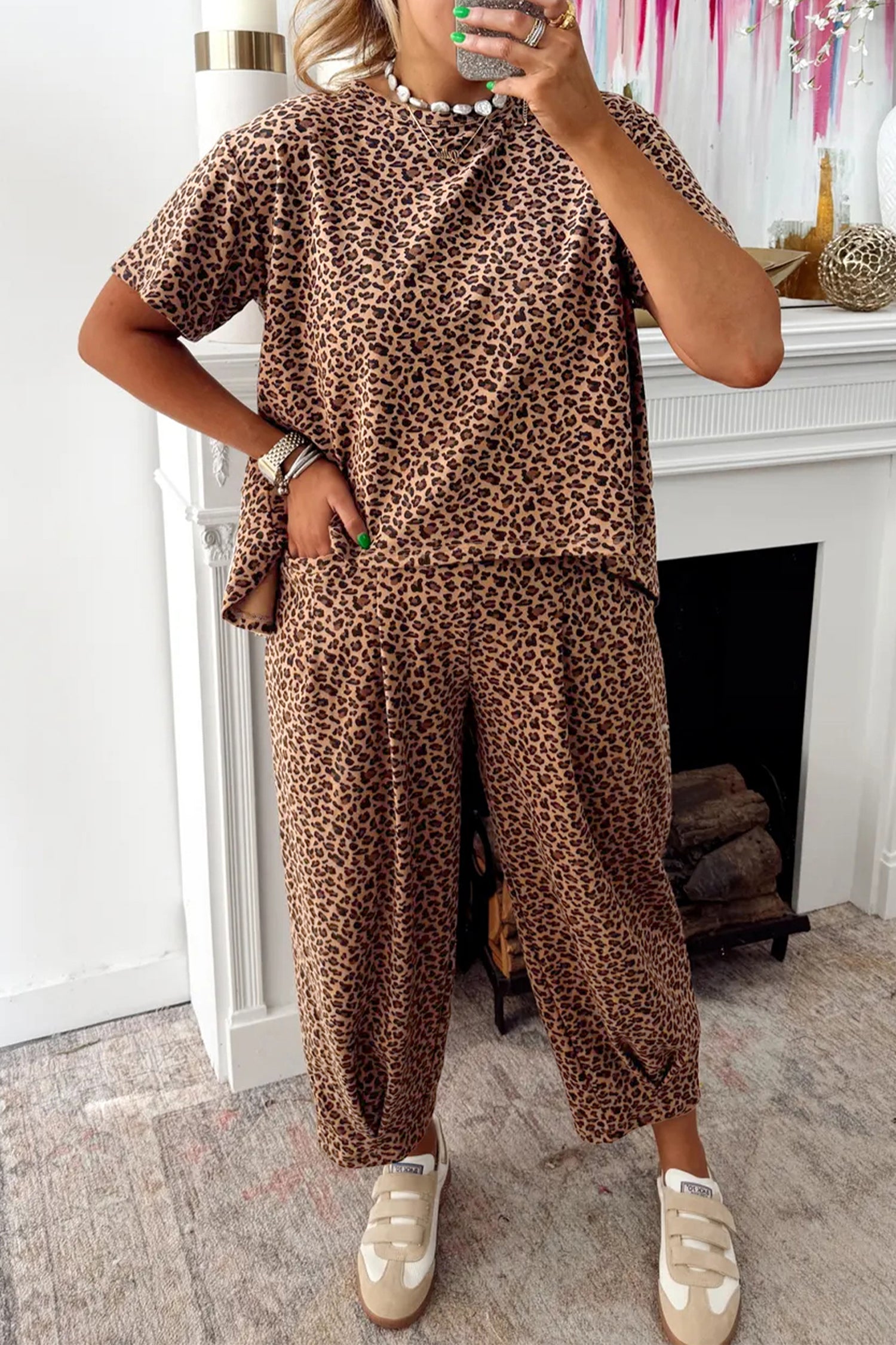 Leopard Print High-Low Tee & Wide Leg Pants Set – Brown