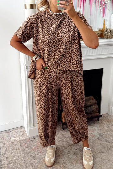 Leopard Print High-Low Tee & Wide Leg Pants Set – Brown