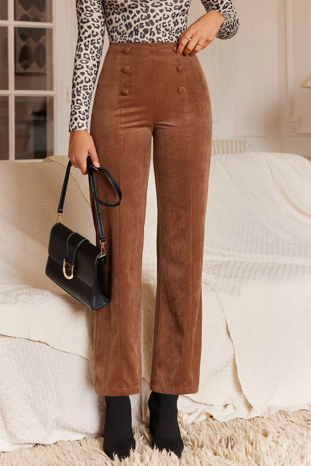 Chestnut Solid Colour Double Breasted Straight Leg Trousers Beagle Boutique Fashion Outlet
