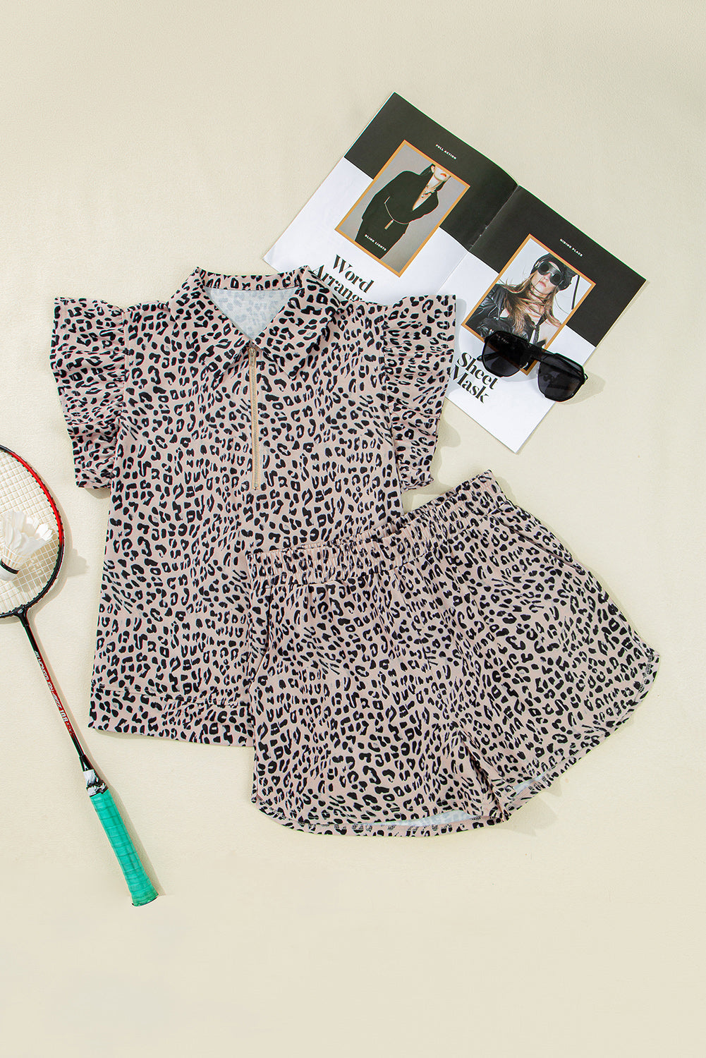 Brown Leopard Half Zipper Collared Ruffled Sleeve Top and Short Set eAura