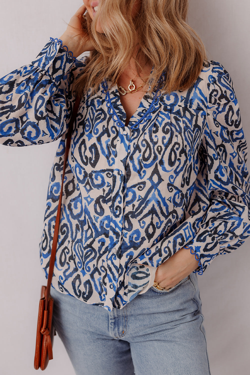 Blue Bohemian Print Embroidered V-Neck Long Sleeve Blouse - eAura