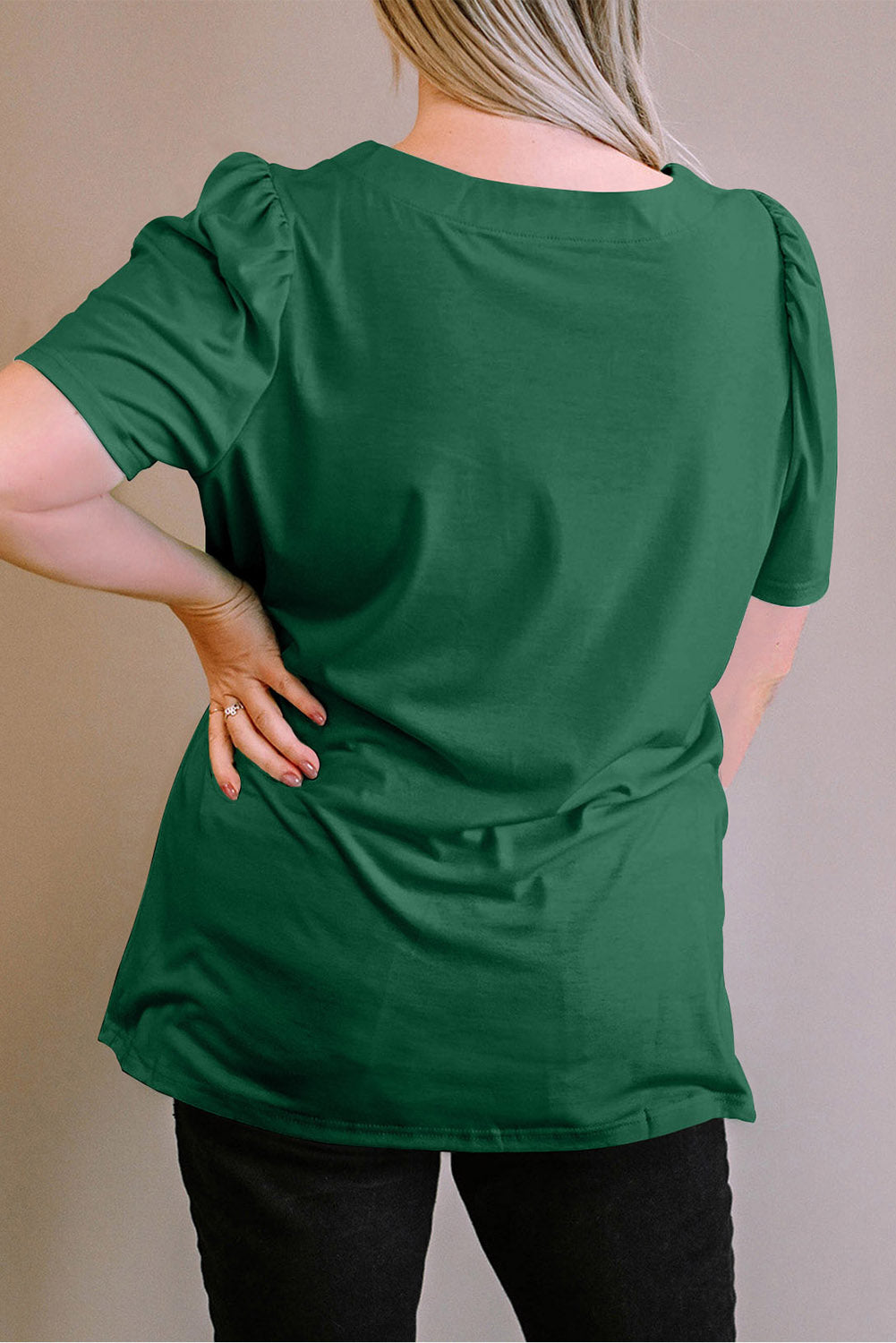 Green Plus Size Square Neck Ruched Shoulder Short Sleeve Top BB Fashion Outlet
