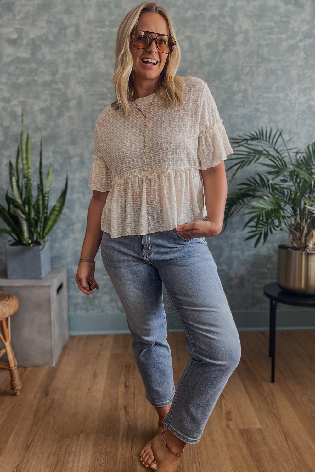 Beige Solid Colour Textured Ruffled Short Sleeve Blouse eAura