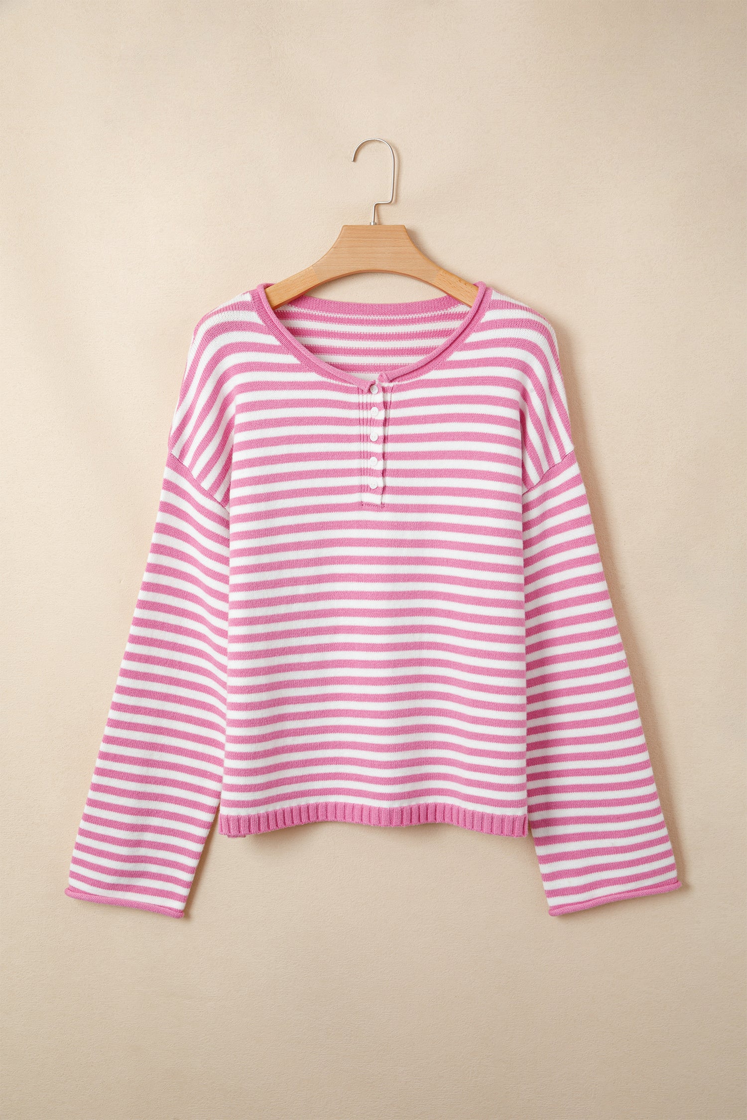 Striped Button Placket Drop Shoulder Long Sleeve Sweater – Pink Stripe
