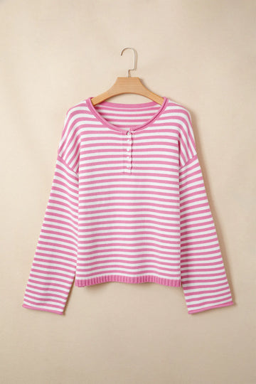 Striped Button Placket Drop Shoulder Long Sleeve Sweater – Pink Stripe