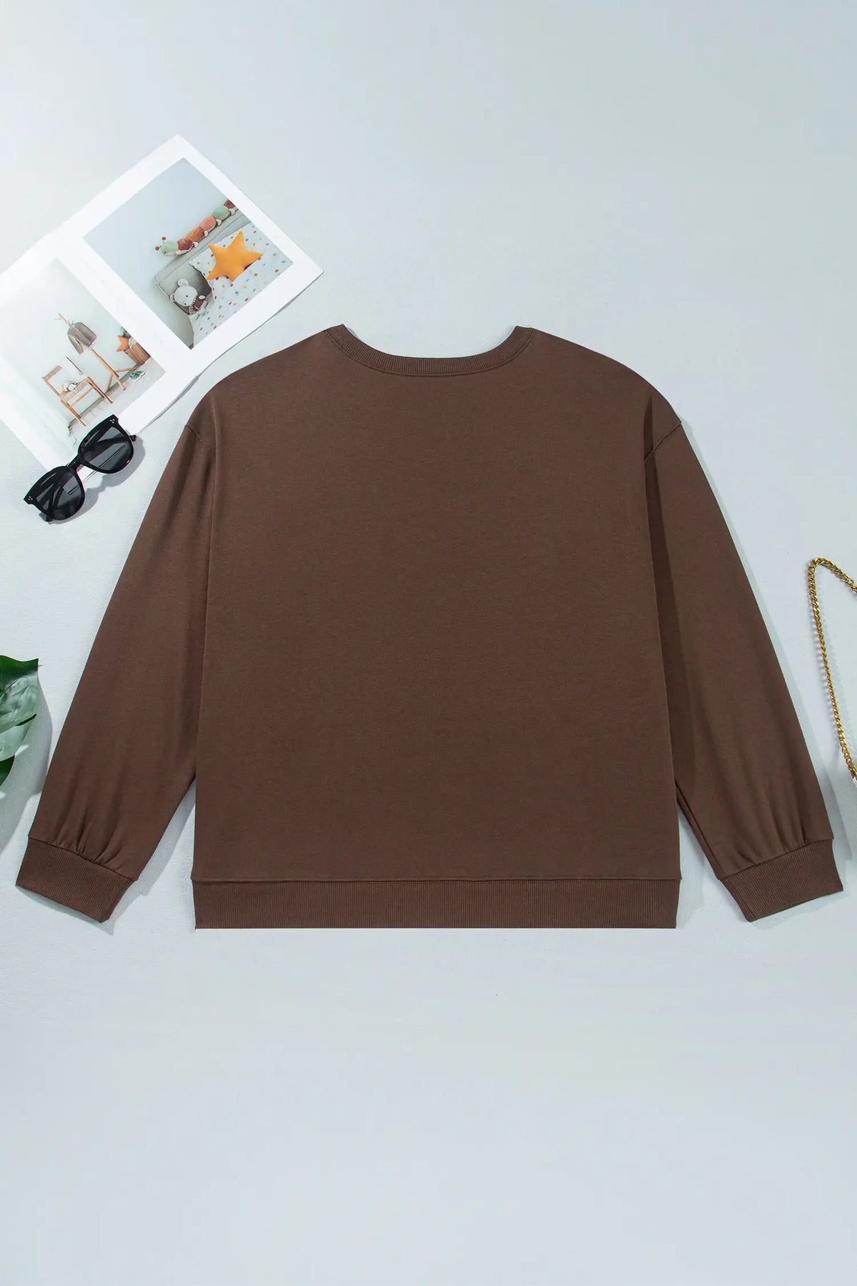 Coffee PRAY Letter Patchwork Round Neck Long Sleeve Plus Size Sweatshirt – Brown