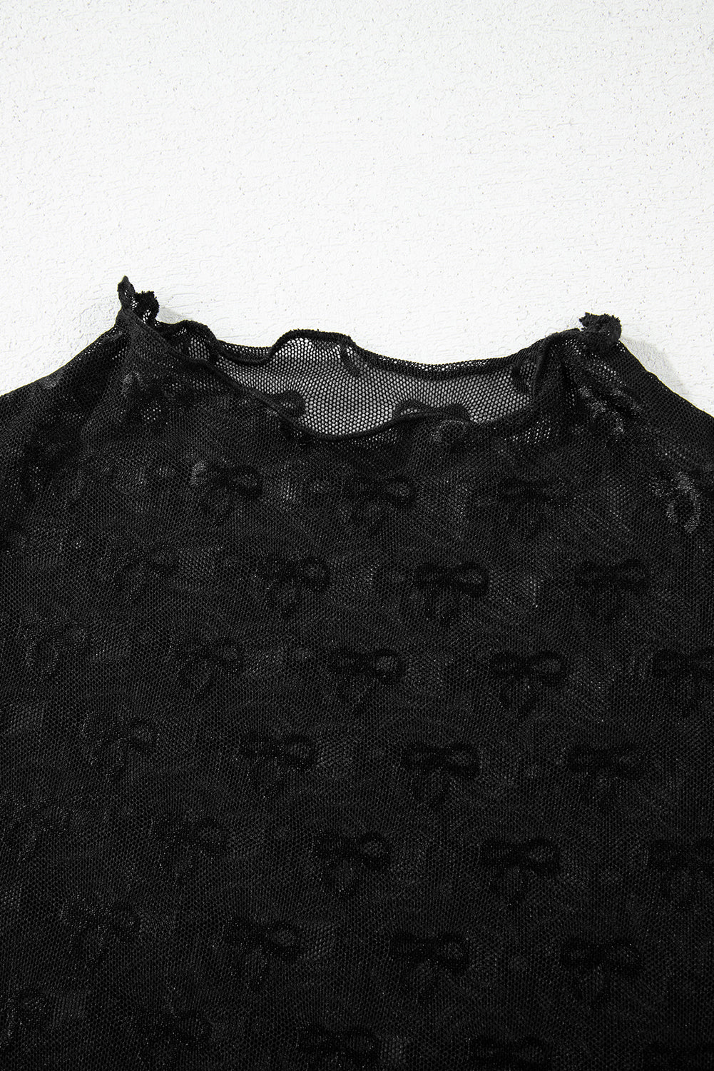 Black Bowknot Sheer Mesh Mock Neck Lettuce Trim Short Sleeve Top eAura