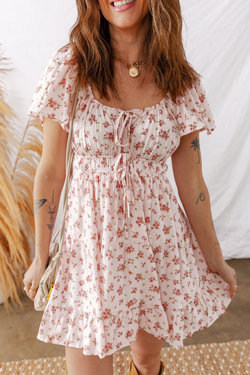 Front Tie Shirred Waist Short Sleeve Ruffled Floral Mini Dress