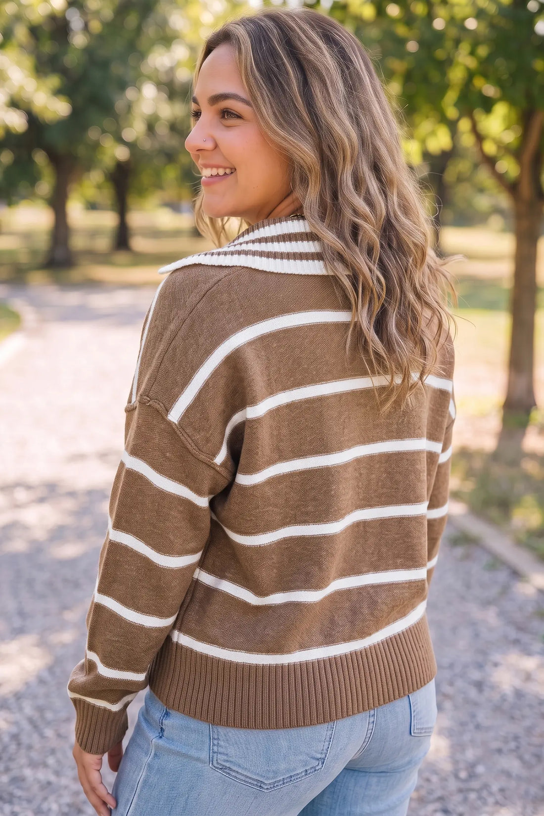Striped V Neck Long Sleeve Shift Plus Size Sweater