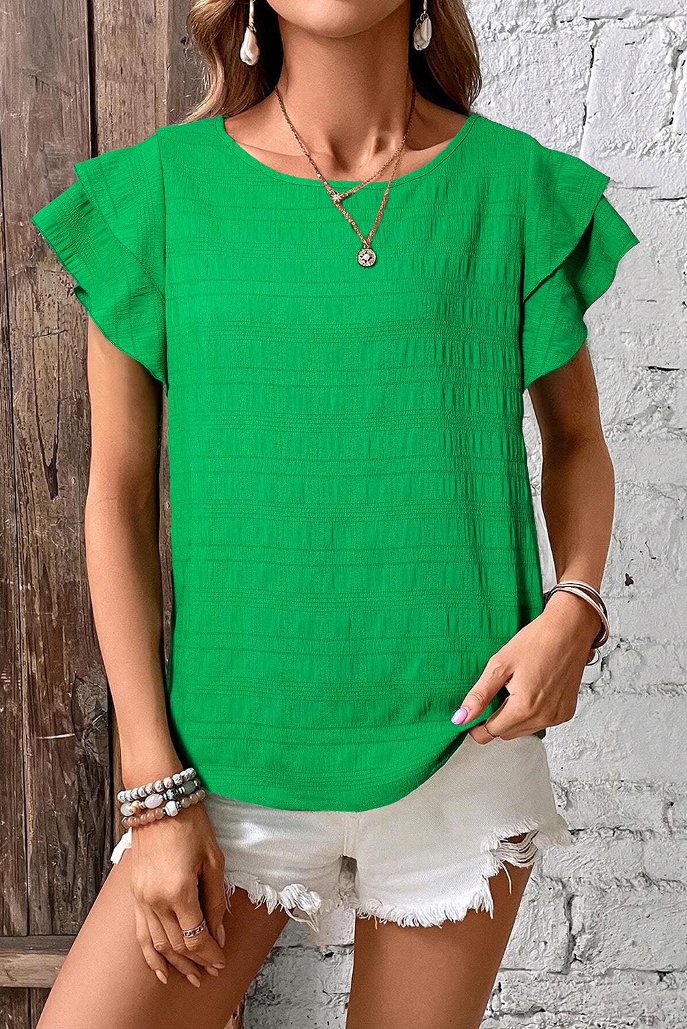 Dark Green Textured Ruffled Sleeve Round Neck Top eAura