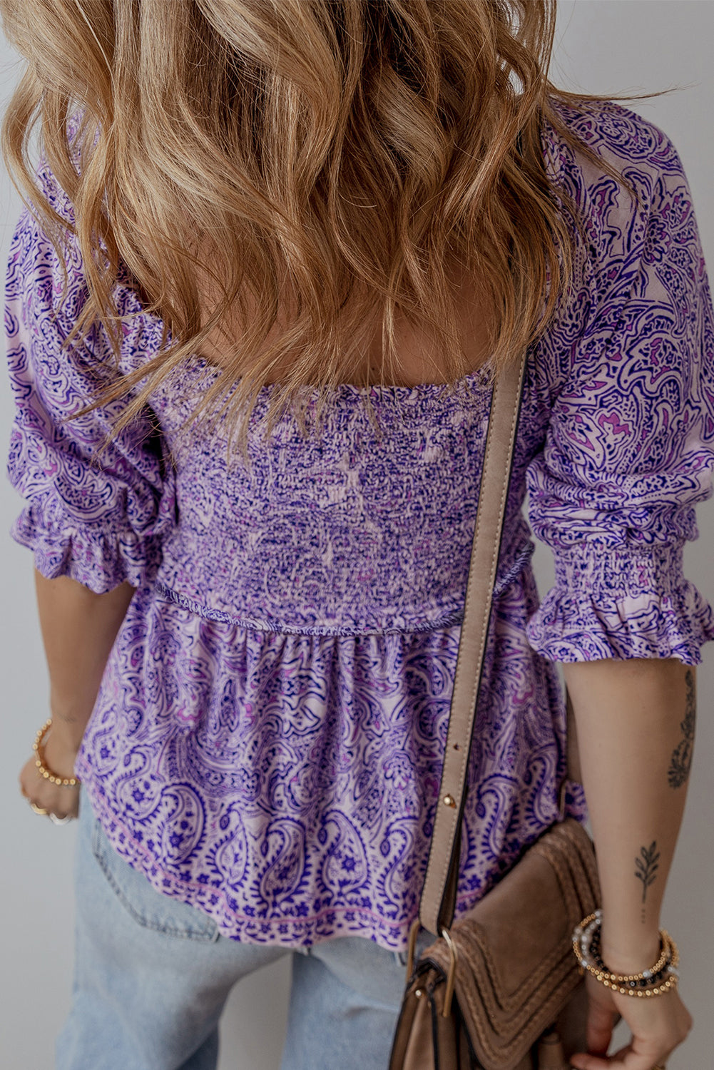 Purple Boho Paisley Print Half Sleeve Shirred Peplum Blouse - eAura