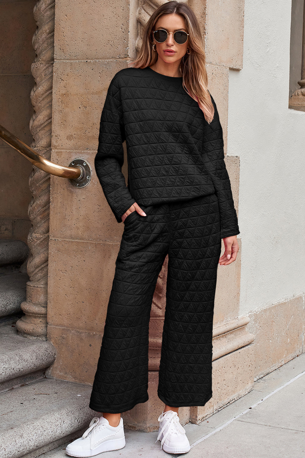 Dark Grey Solid Quilted Pullover and Trousers Outfit eAura
