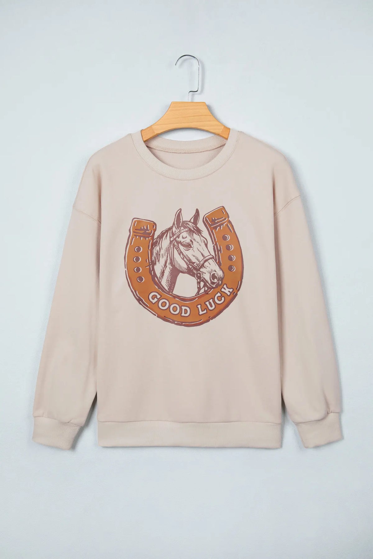 GOOD LUCK Western Horse Print Oversized Pullover Sweatshirt – Beige