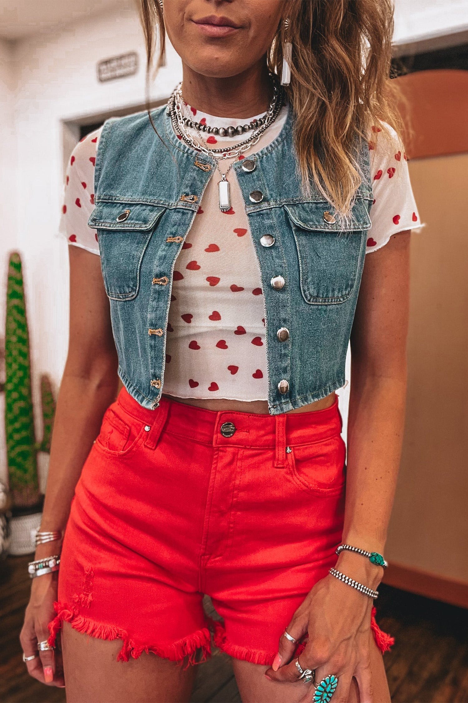 Heart Print Mesh Short Sleeve Cropped Top - Tops/Tops & Tees