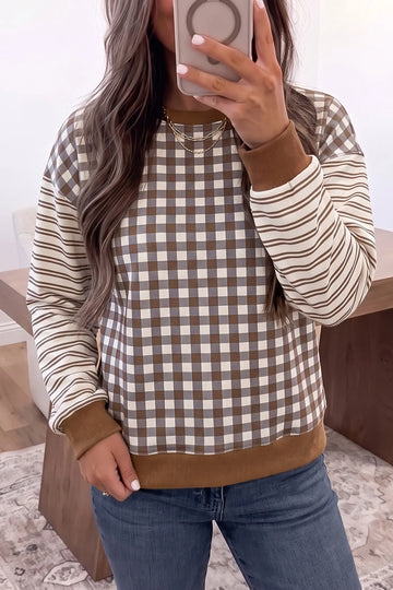 Brown Plaid Striped Patchwork Long Sleeve Casual Top