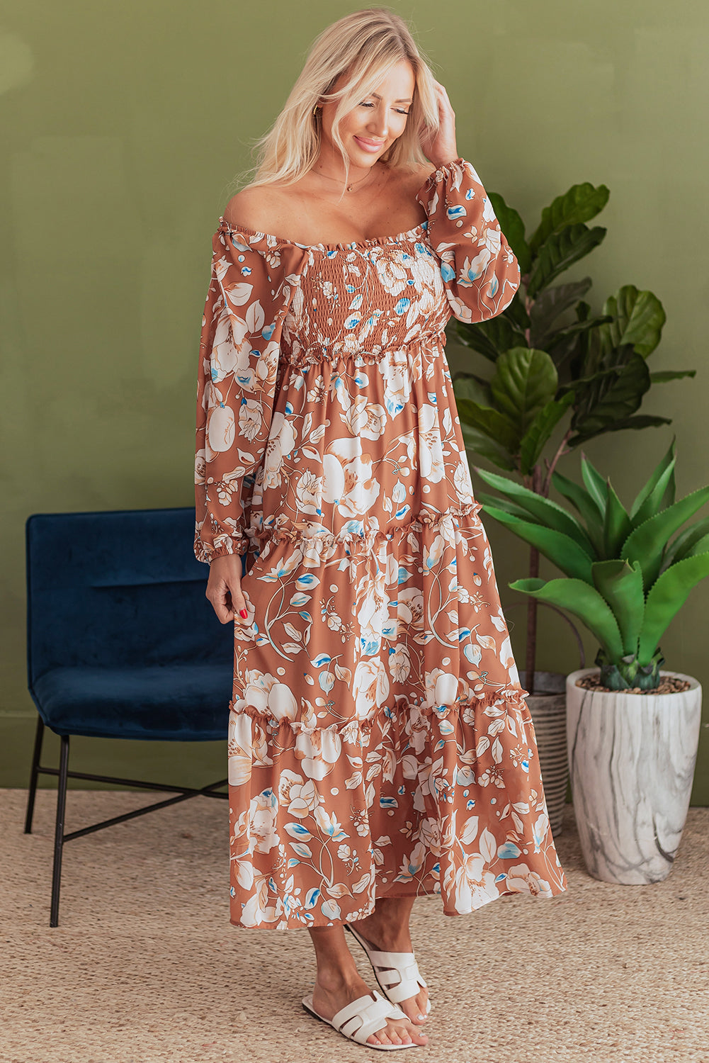 Brown Floral Print Shirred Square Neck High Waist Maxi Dress BB Fashion Outlet