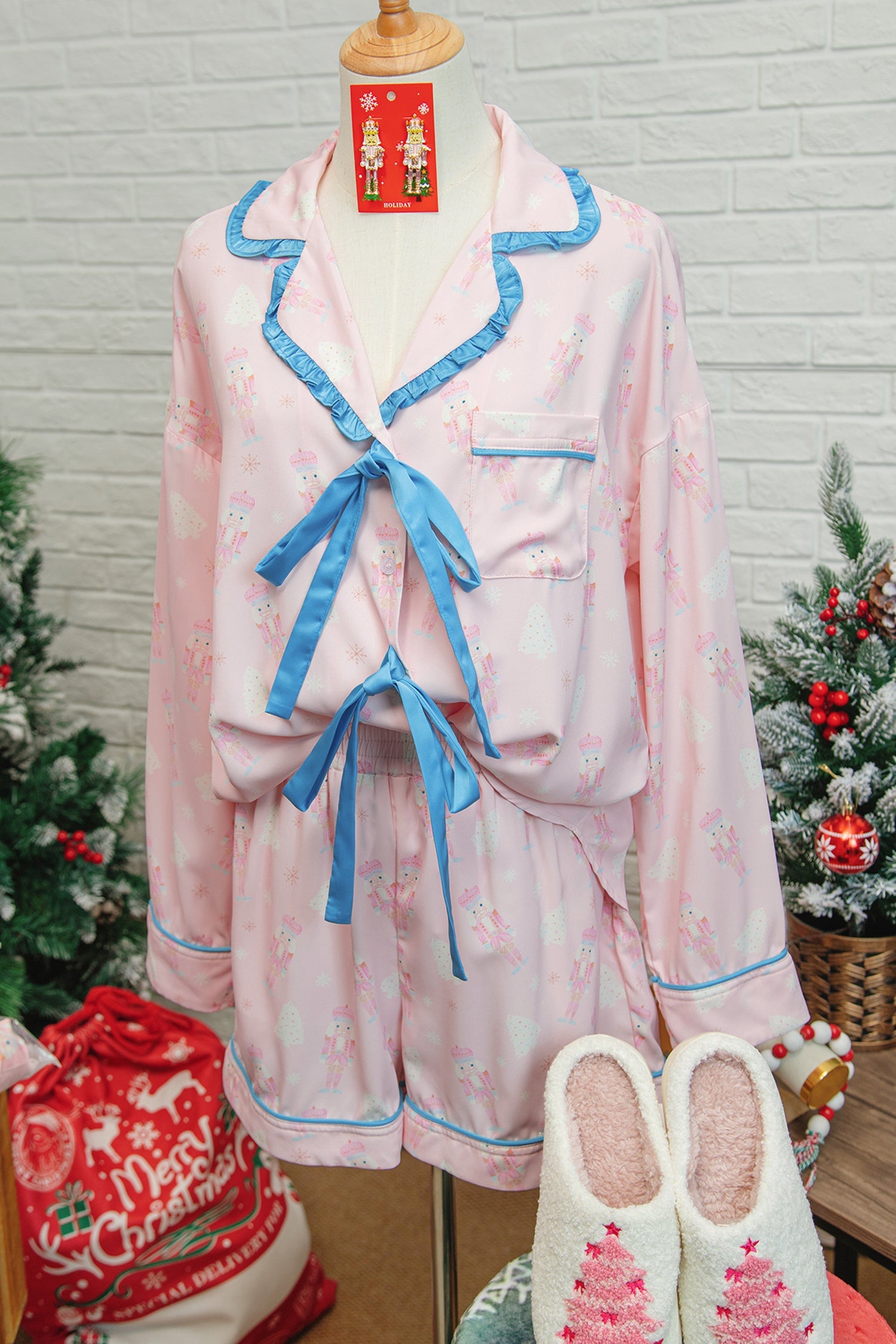 Bow Tie Front Christmas Nutcracker Long Sleeve Shirt Shorts Pajama Set - Loungewear & Sleepwear/Sleepwear