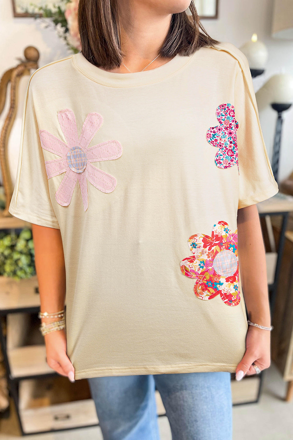 Apricot Flower Patched Exposed Stitching Trim Crew Neck Loose Tee eAura