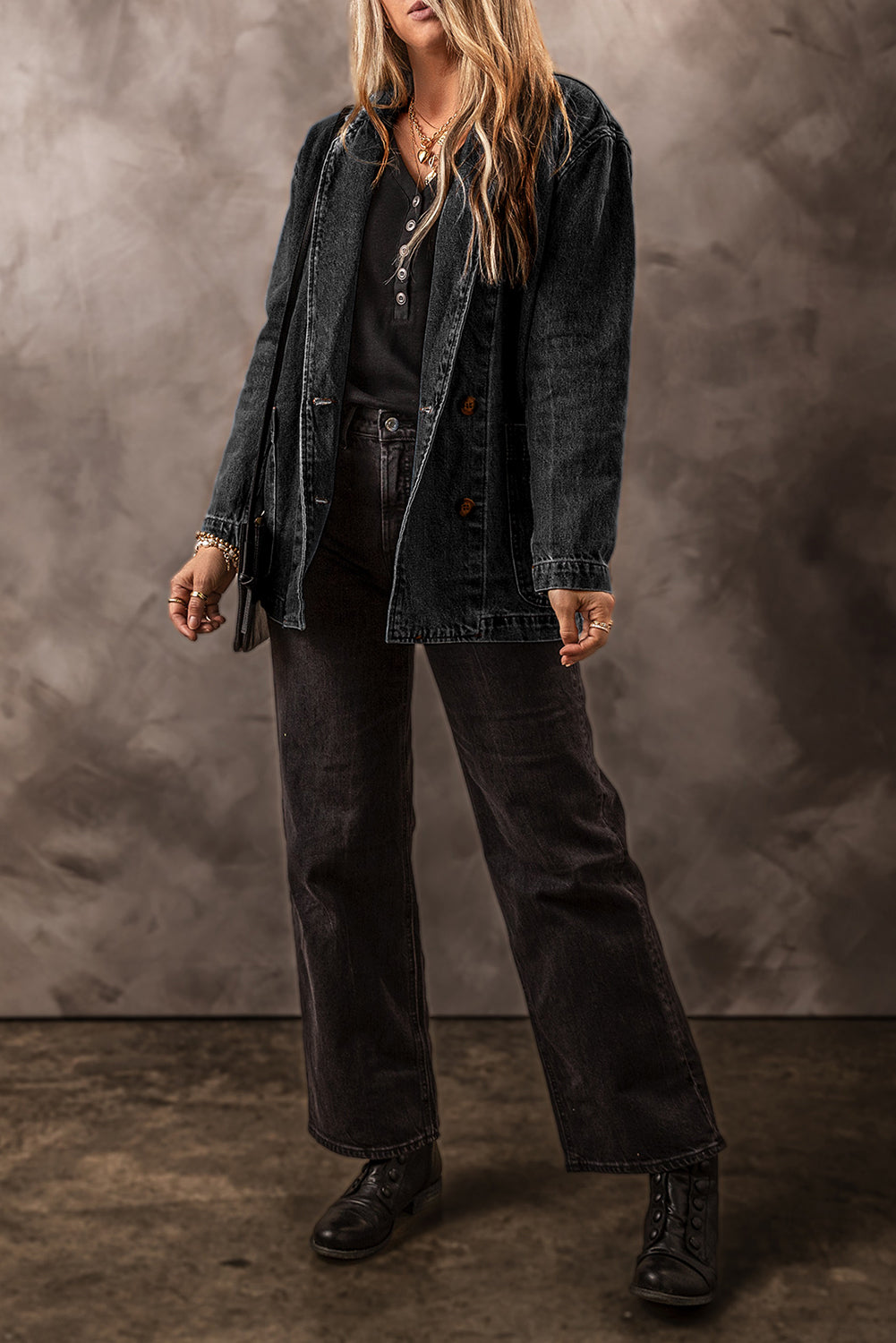 Black Side Pockets Lapel Collar Denim Jacket eAura