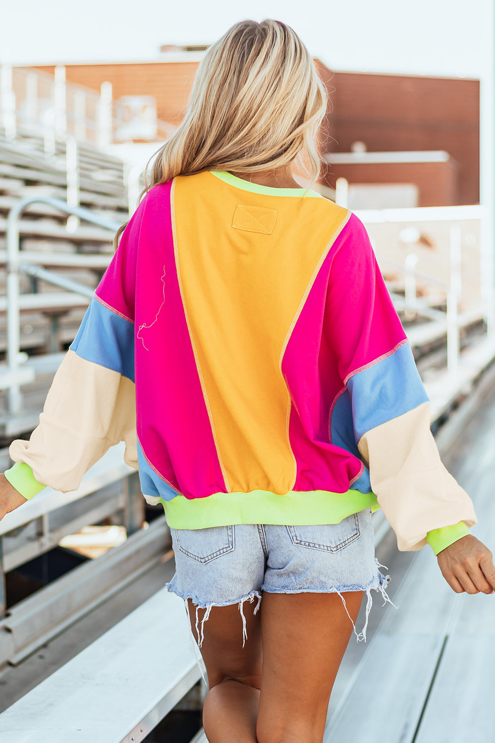 Grapefruit Orange Colourblock Patchwork Exposed Stitching Oversize Top eAura