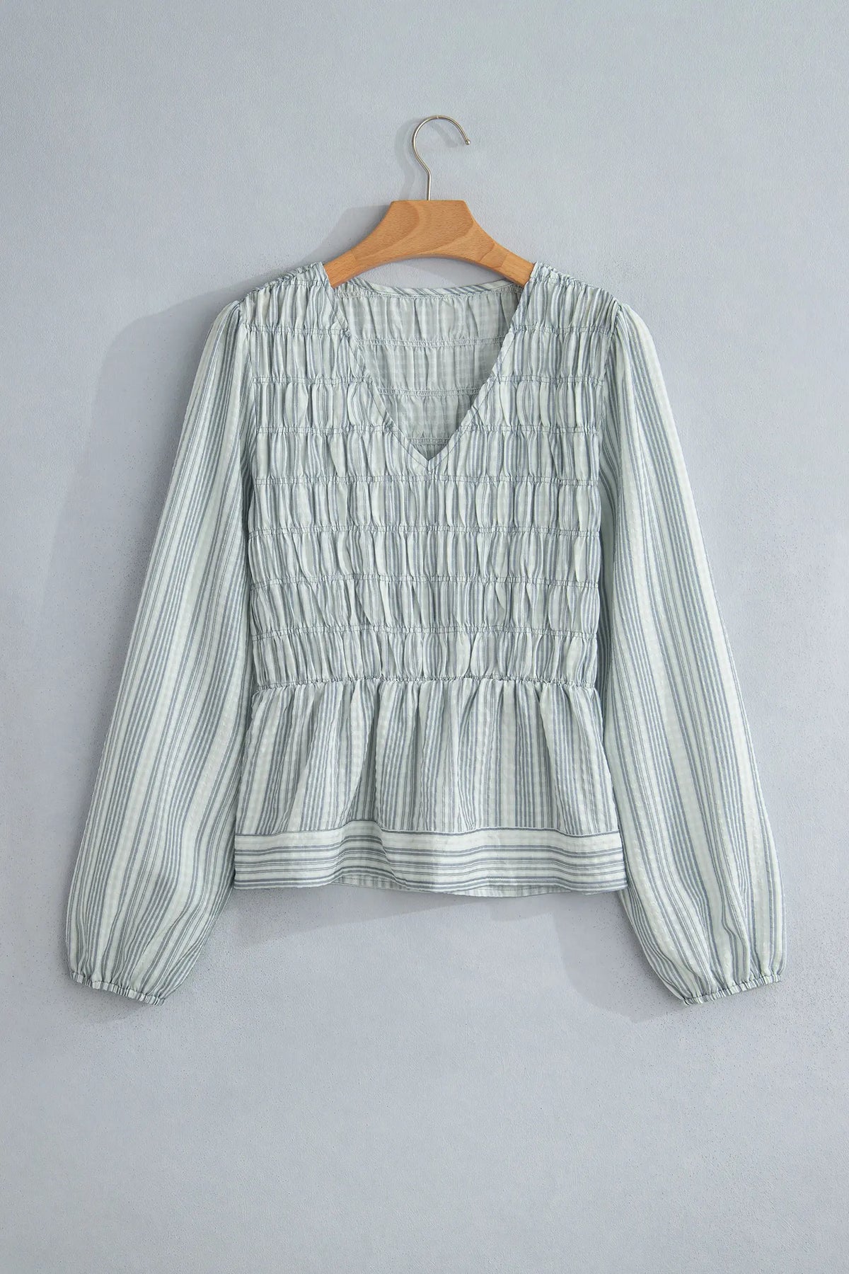 V Neck Shirred Long Sleeve Blouse – Blue Stripe