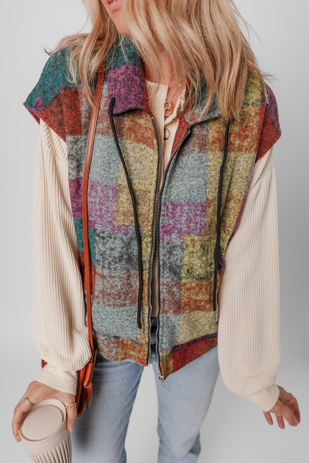 Multicolour Plaid Print Loose Sleeveless Jacket eAura