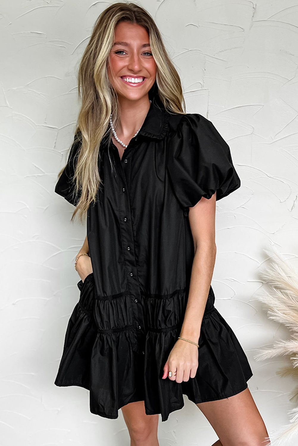 Black Shirt Style Button Down Puff Sleeve Ruffle Hem Dress eAura