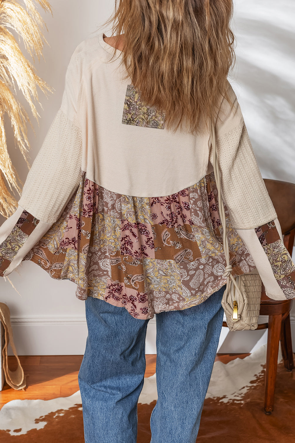Paisley Print Contrast Patchwork Long Sleeve Loose Top - Tops/Tops & Tees