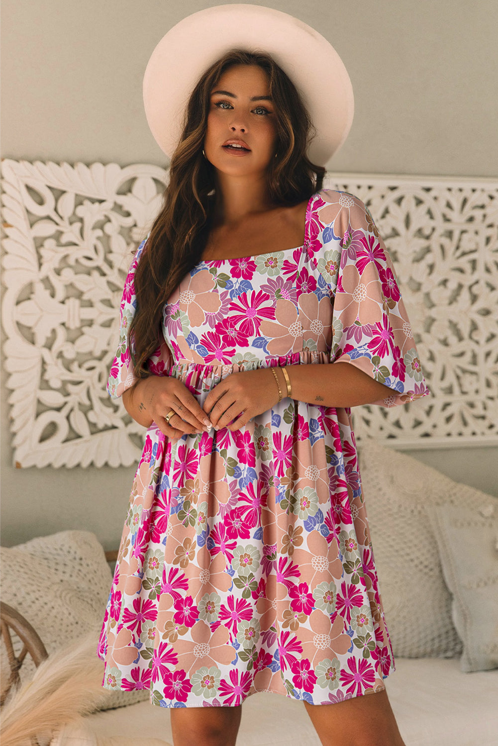 Rose Summer Floral Square Neck Puff Sleeve Babydoll Dress BB Fashion Outlet