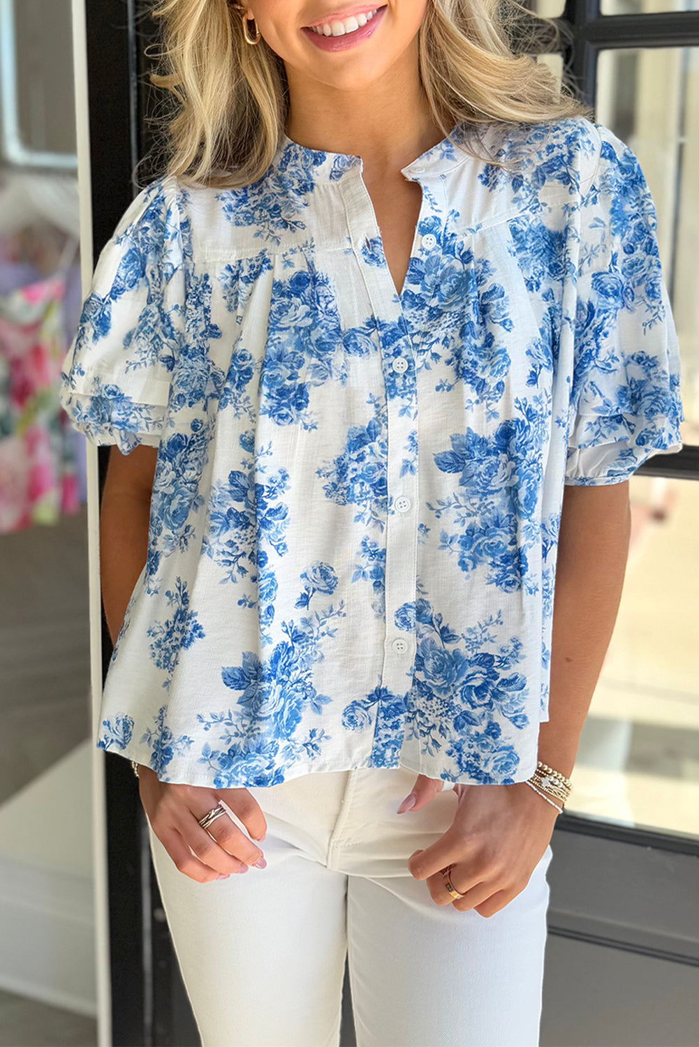 Sky Blue Floral Tiered Puff Short Sleeve Pleated Bust Buttoned Casual Shirt Dear-Lover Dropshipping