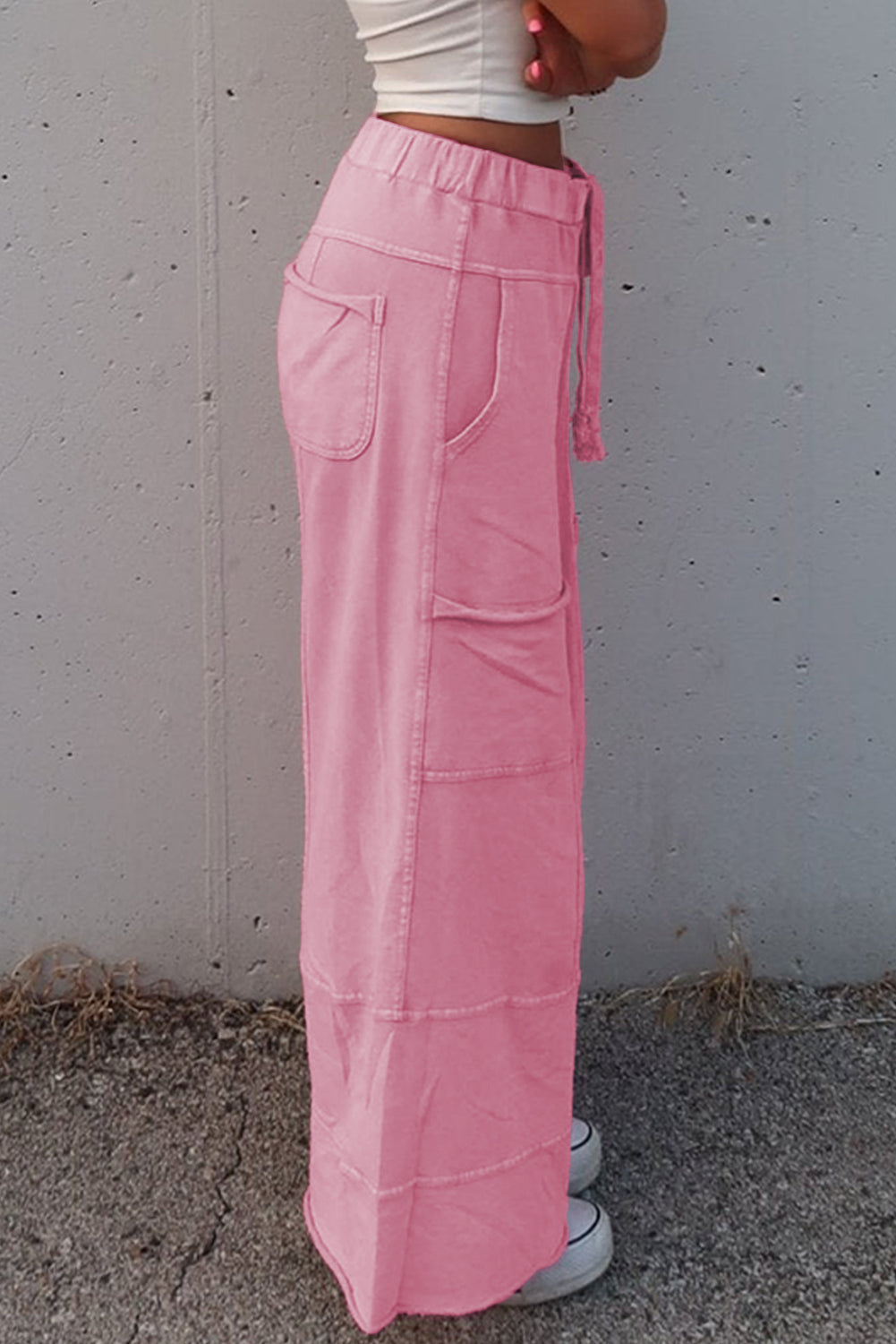 Mineral Wash Exposed Seam Drawstring High Waist Wide Leg Cargo Trousers eAura