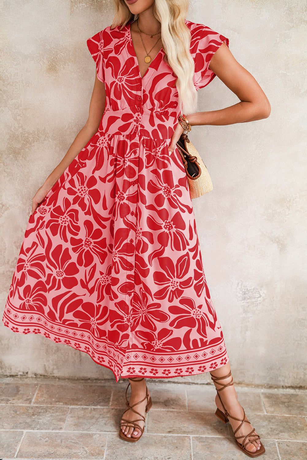 Boho Floral V-Neck Ruffle Shoulder Maxi Dress