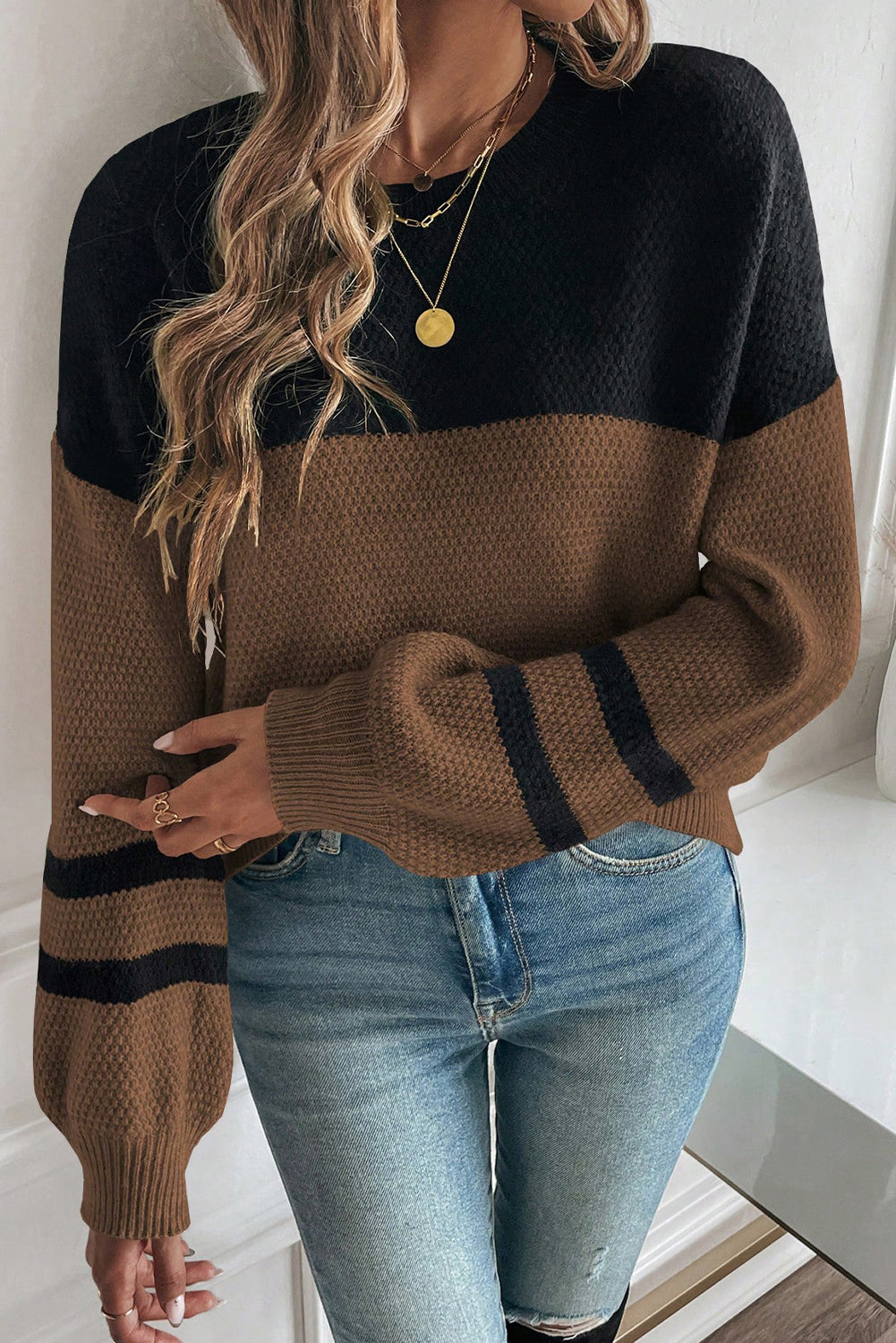 Colour Block Knit Striped Sleeve Detail Casual Sweater eAura