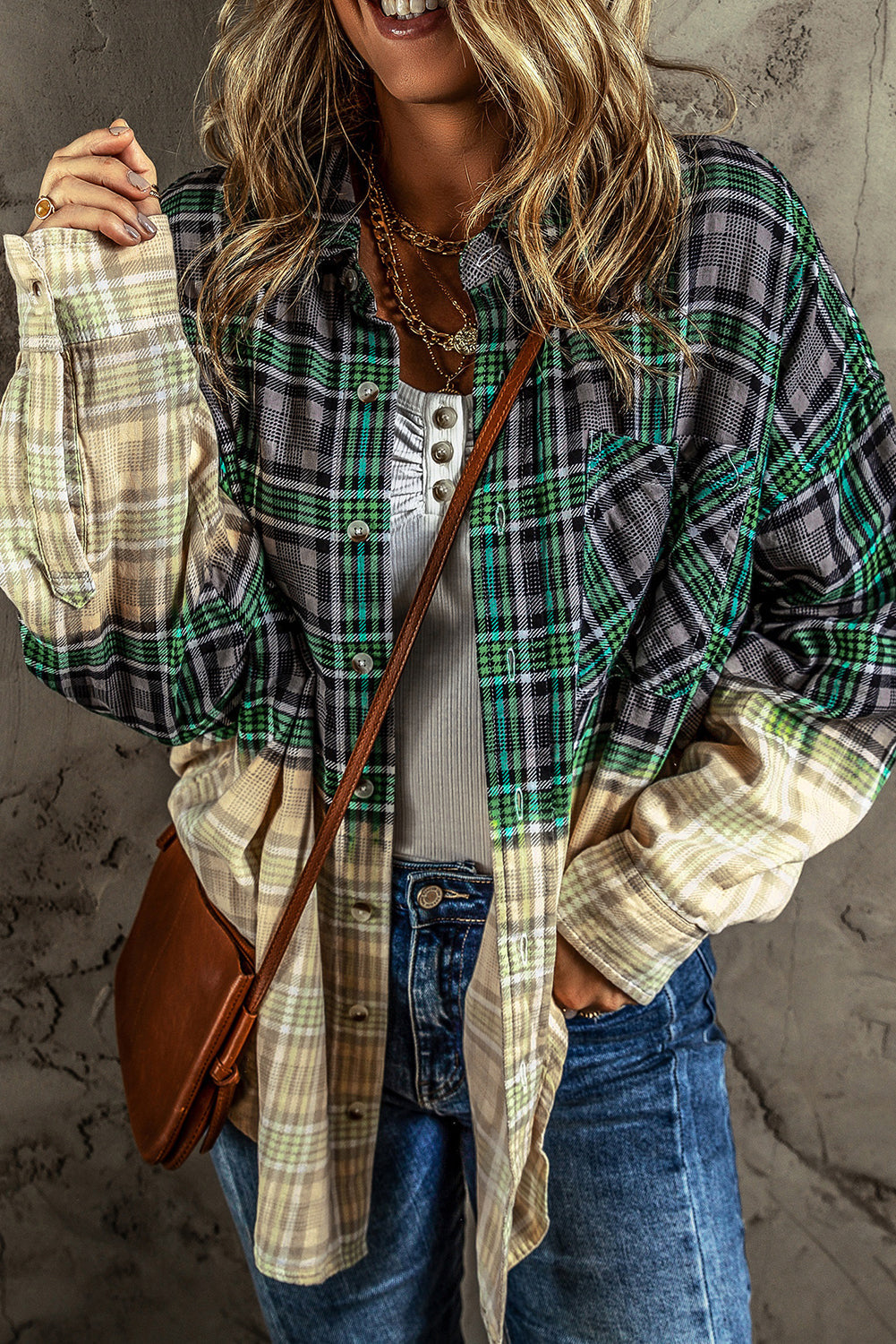 Blackish Green Contrast Plaid Patchwork Chest Pocket Button up Shacket eAura