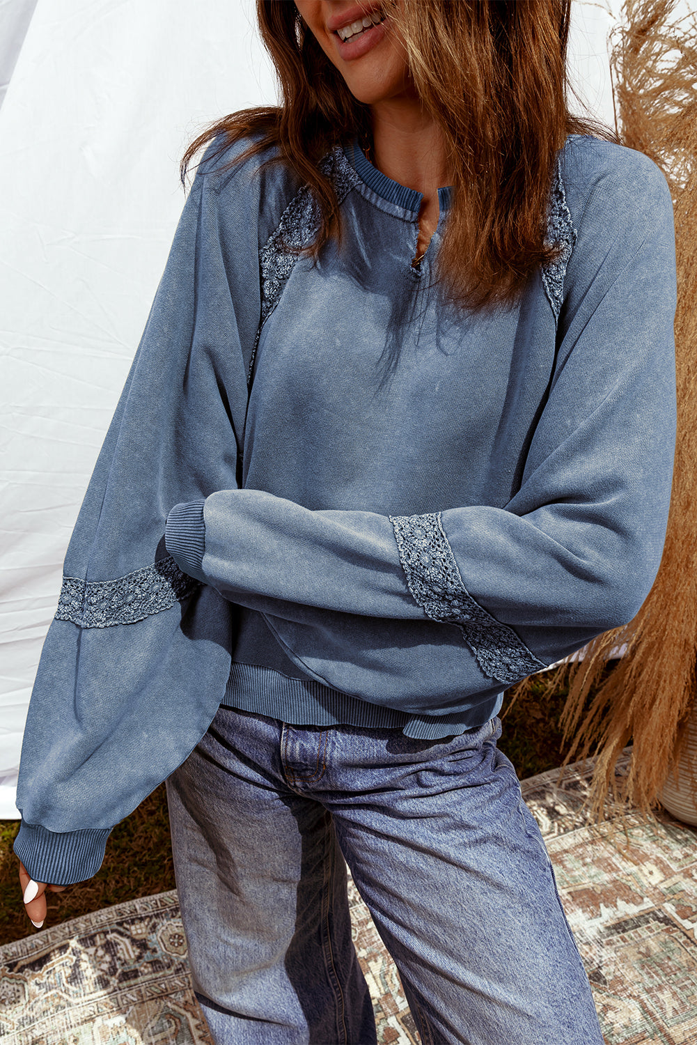 Lace Patchwork Detail Notched Neck Mineral Wash Baggy Sweatshirt - Blue / S - Tops/Sweatshirts & Hoodies