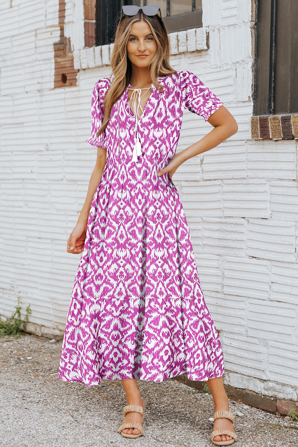 Pink V Neck Casual Geometric Print Maxi Dress eAura
