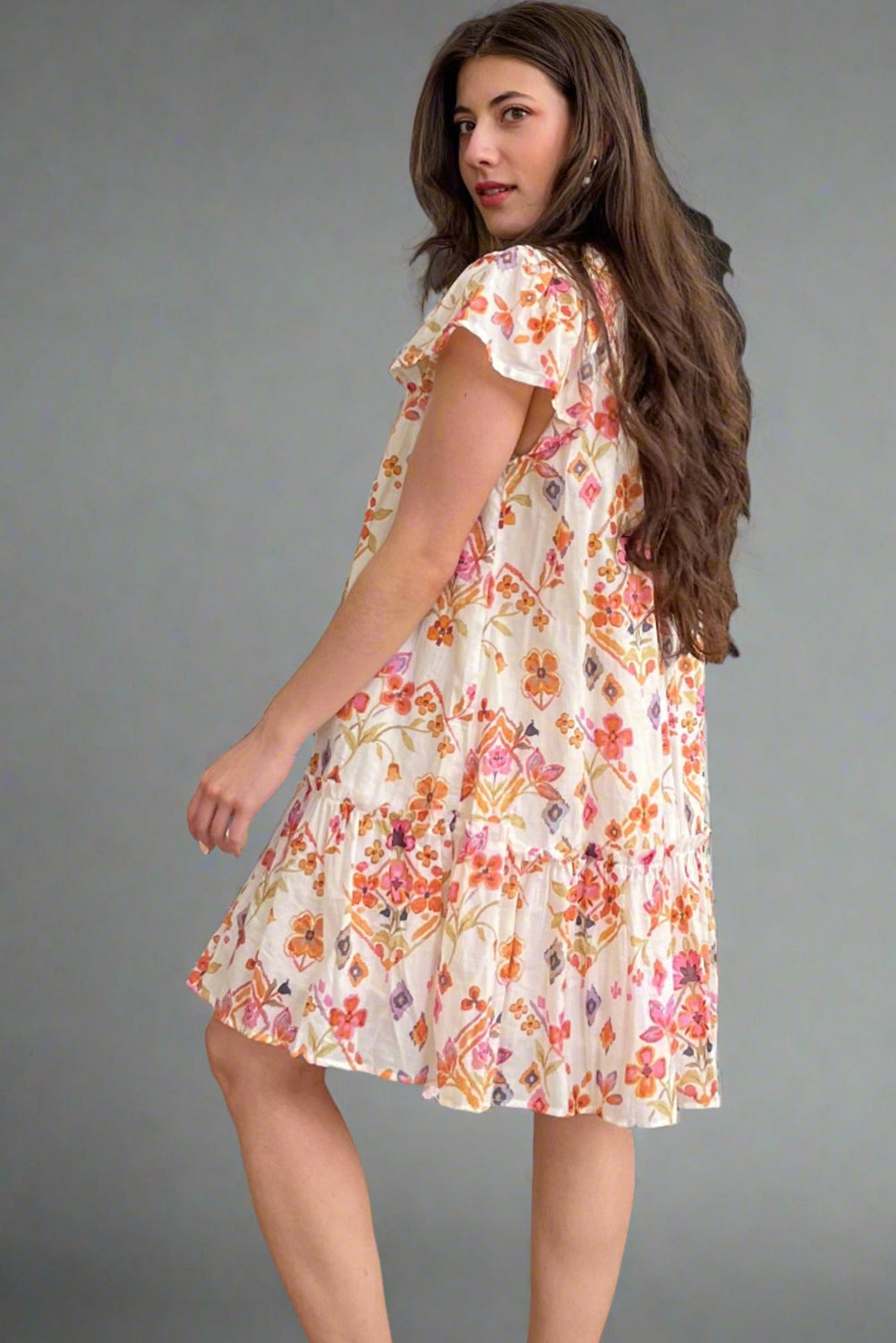 Apricot Floral Geometric Print Ruffled Trim Flutter Sleeve Mini Dress eAura