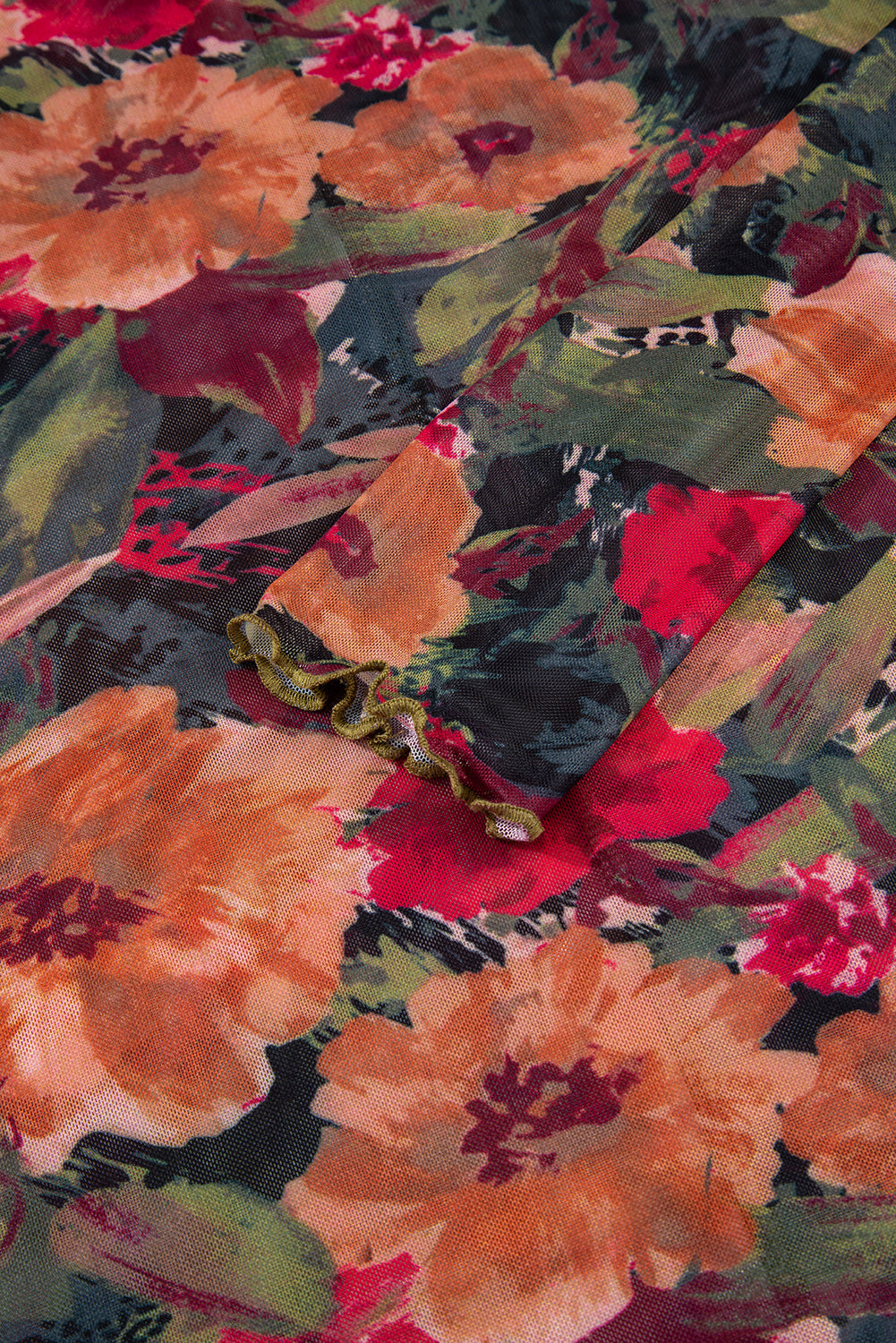 Multicolour Floral Print Lettuce Trim Long Sleeve Mesh Top - eAura