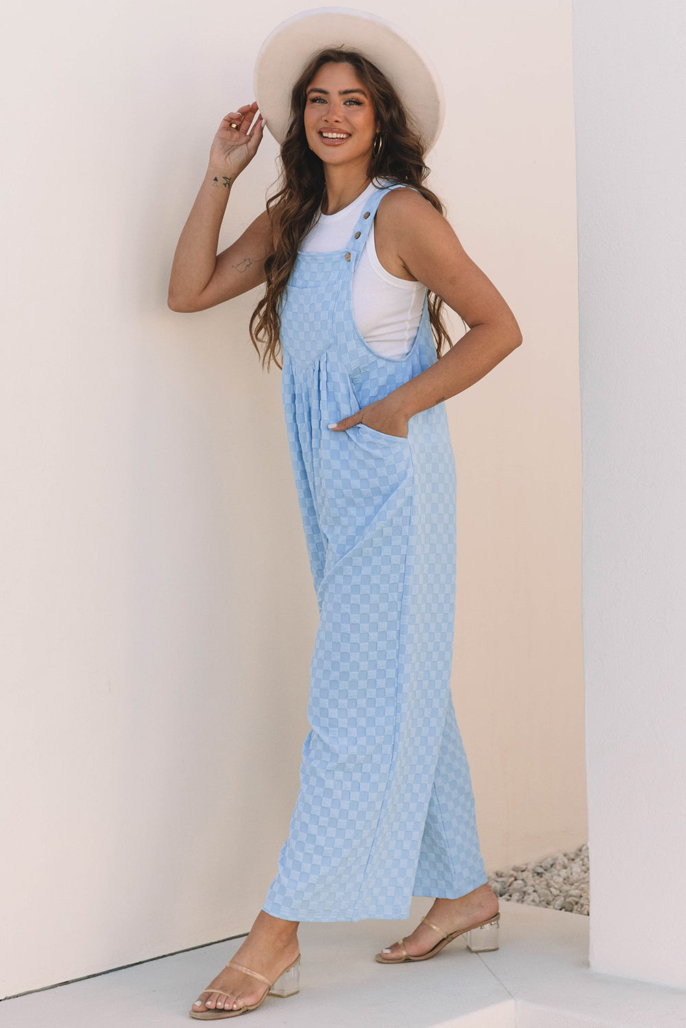 Beau Blue Checkered Pocketed High Waist Wide Leg Overall Dungarees eAura