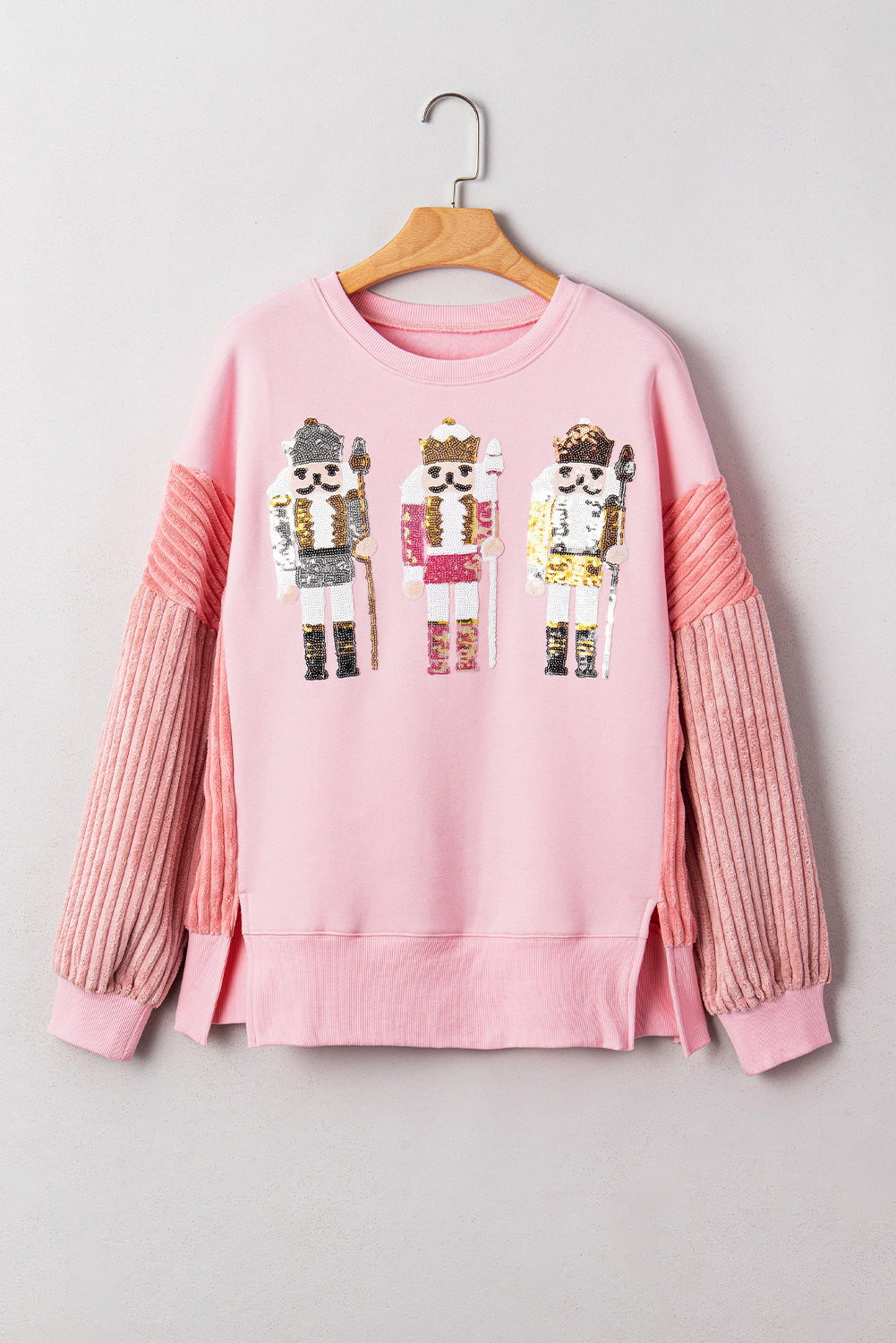 Sequin Nutcracker Textured Sleeve Patchwork Sweatshirt eAura