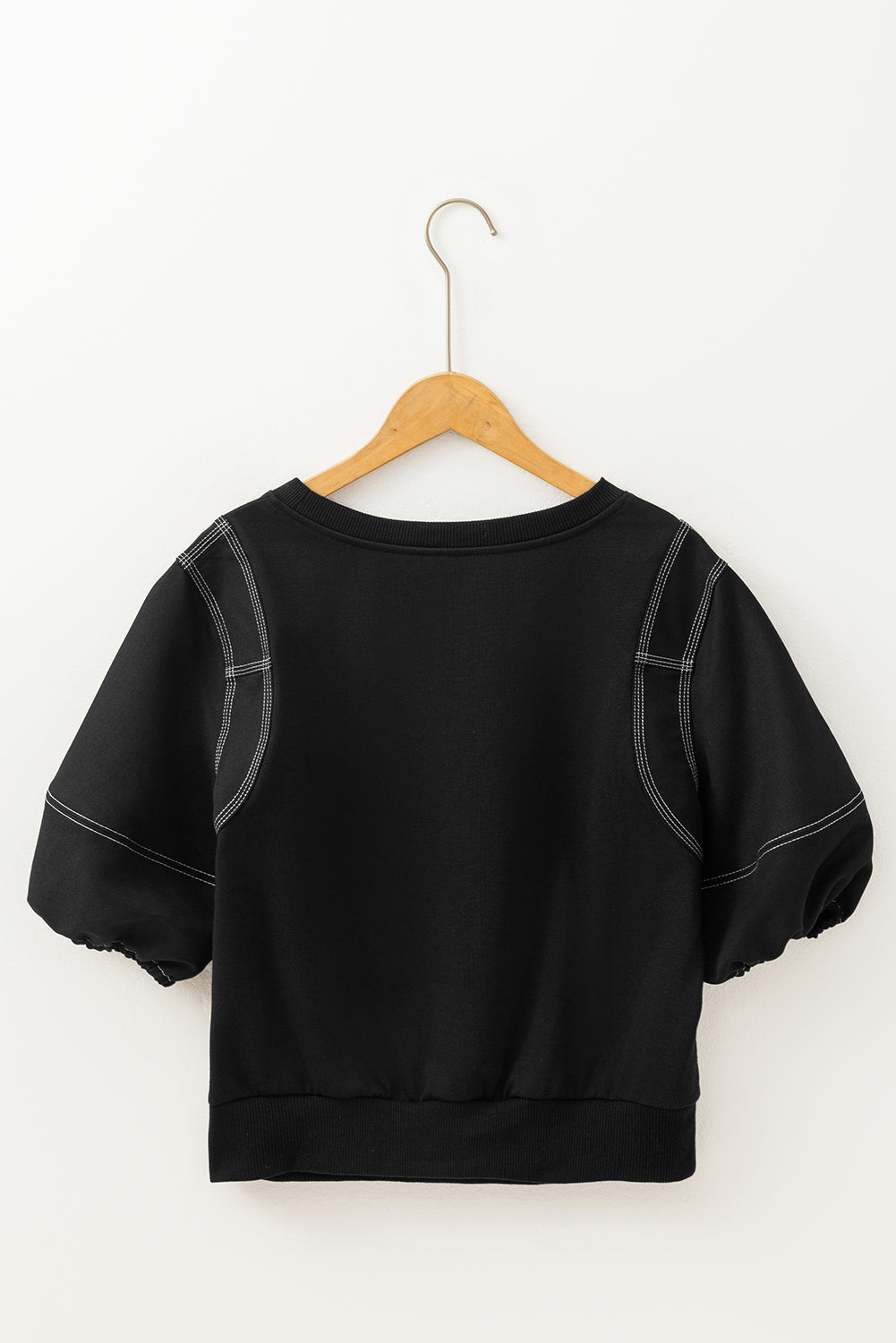 Black Contrast Stitches Detail Puffy Half Sleeve Blouse - eAura