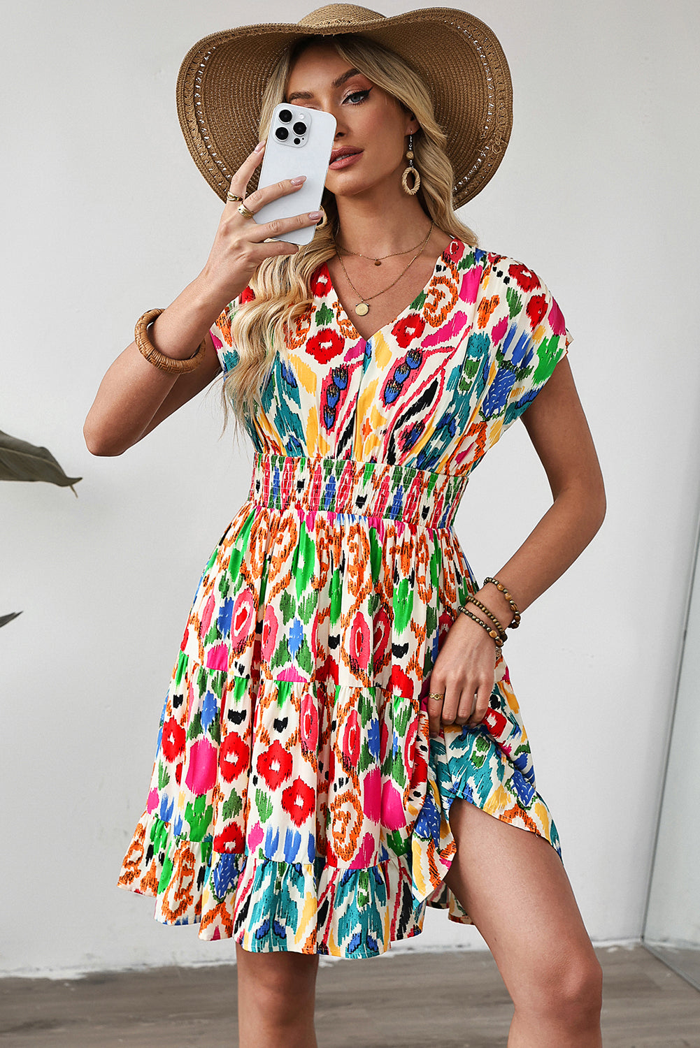 Abstract Print V-Neck Dolman Sleeve Ruffle Tiered Mini Dress